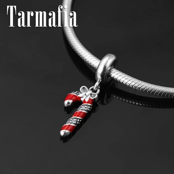 

Christmas gift 925 Sterling Silver Red Enamel Bow Candy cane Pendants Beads Fit Original European Charm Bracelet Jewelry making