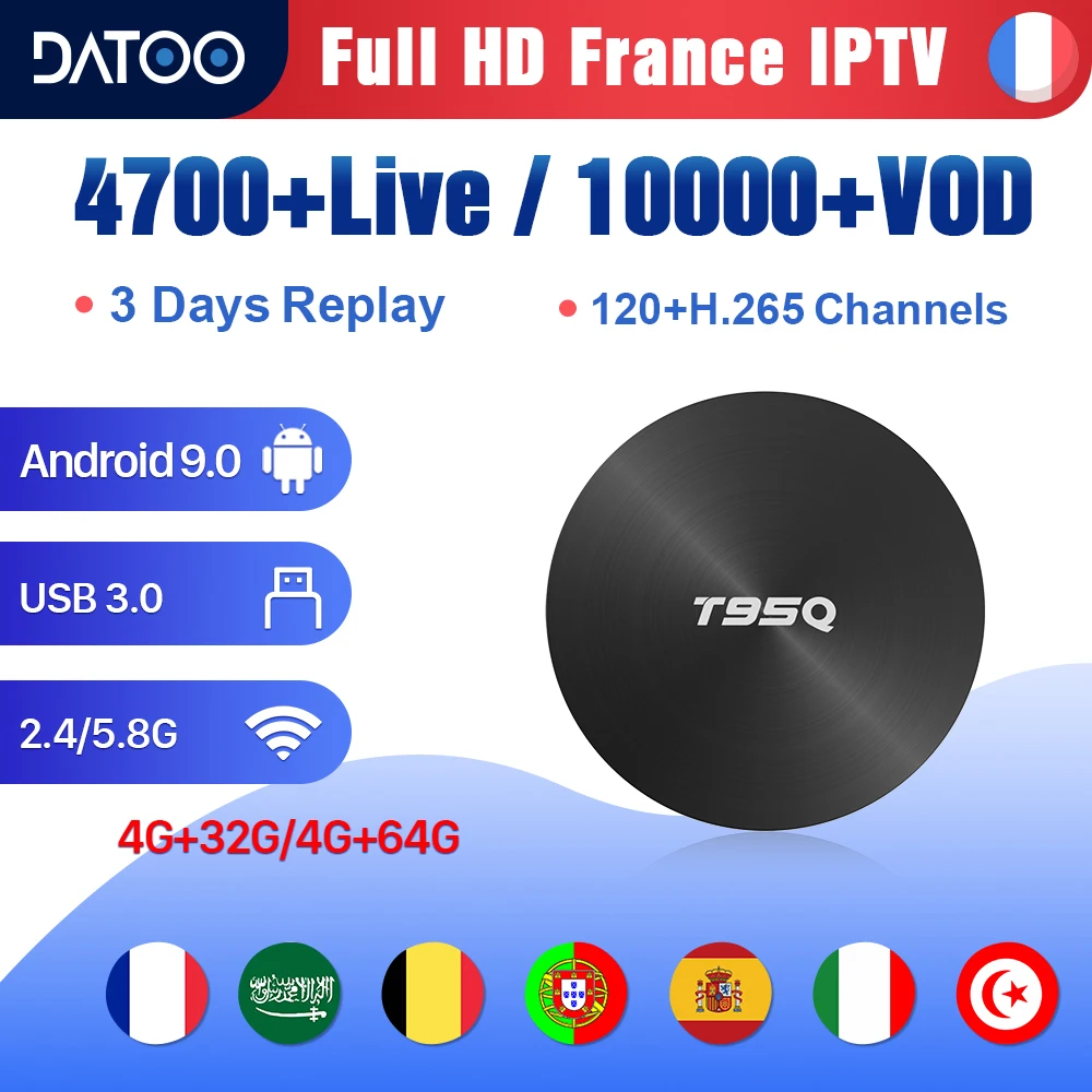 

IPTV Subscription T95Q TV Box 4G 32G/64G Smart Andorid 9.0 IPTV France 1 Year DATOO IPTV Arabic France Belgium Netherlands IP TV