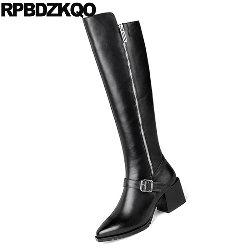 comfortable plus size fur 10 shoes black winter tall long big knee high women chunky pointed toe side zip boots block brand