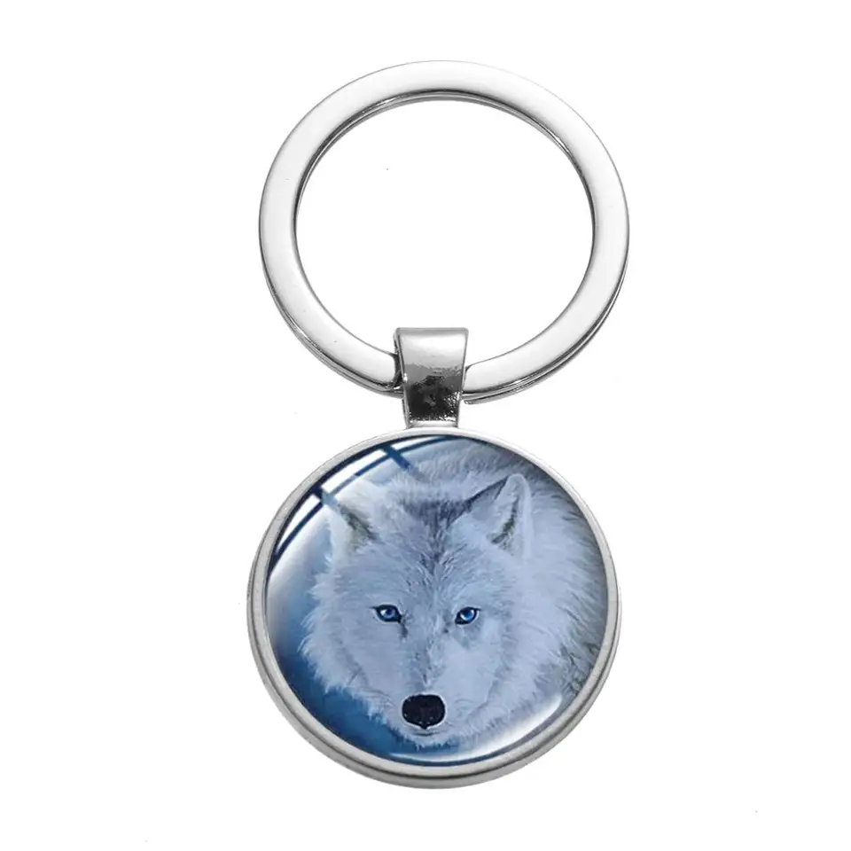 Metal Ring Key Chain Howling Wolf & Moon Pewter Metal Emblem 