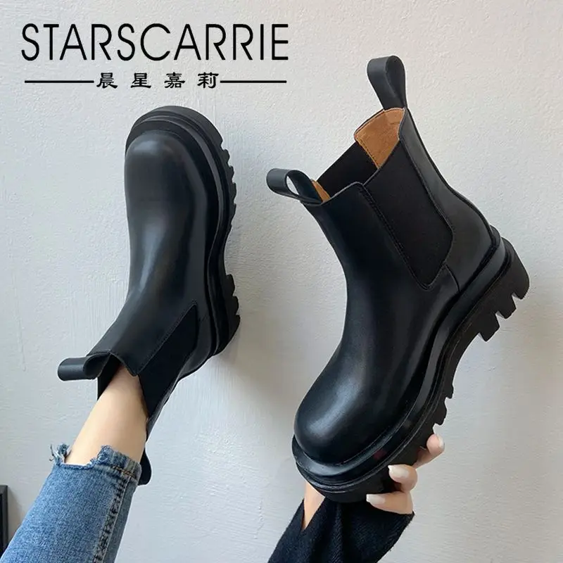 Net red leather Chelsea boots women's autumn and winter 2021 thick bottom chimney long Boots | Обувь