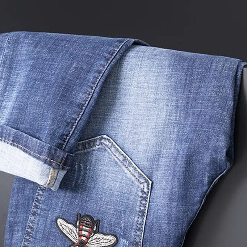 Summer Thin Jeans Men's Embroidered Slim Straight Trousers Waist Stretch Men's Pants