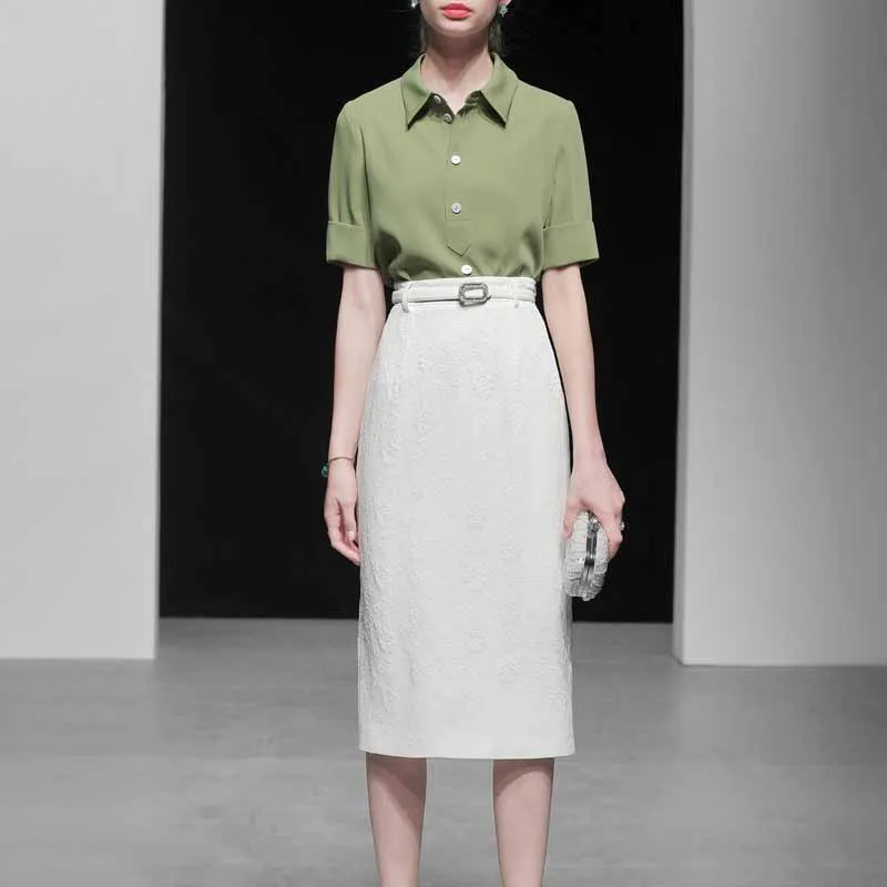 

2019 New Style WOMEN'S Dress-Style Elegant Two-Piece Set Short-sleeved Shirt Tops Skirt Long Skirts Skirt Suit