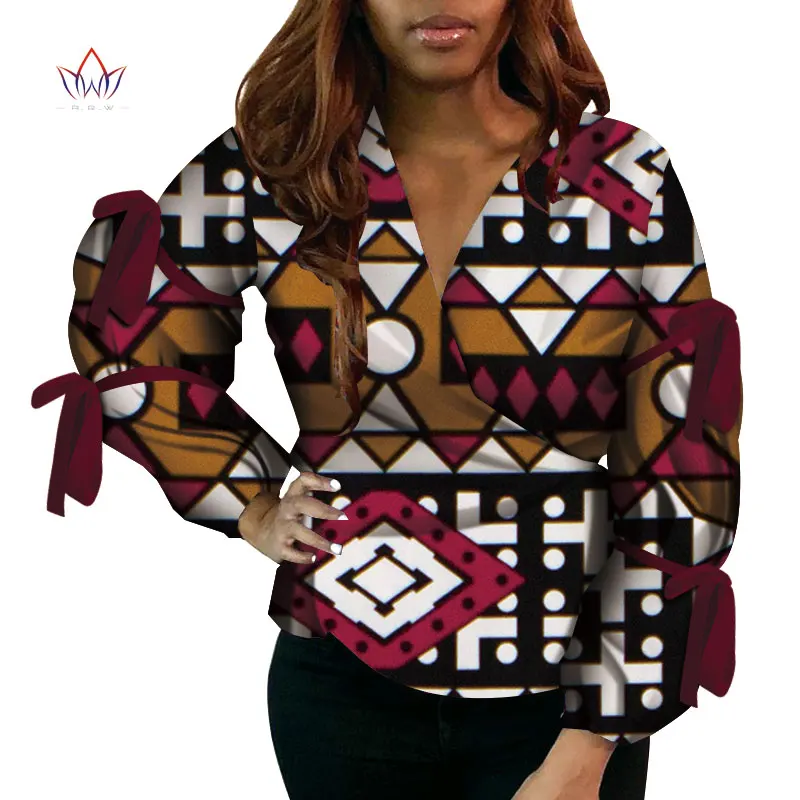 Африканские блузки с v-образным вырезом Bazin Riche женские s 6xl африканская одежда Dashikis африканские Топы для женщин длинный рукав Женщины Топ WY4497