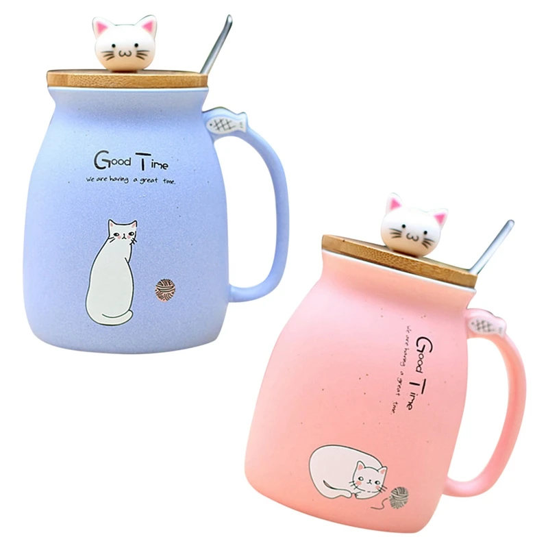 2pcs New Sesame Cat Heat-Resistant Cup Color Cartoon with Lid Cup Kitten Milk Coffee Ceramic Mug Children Cup Office Gifts- Blu