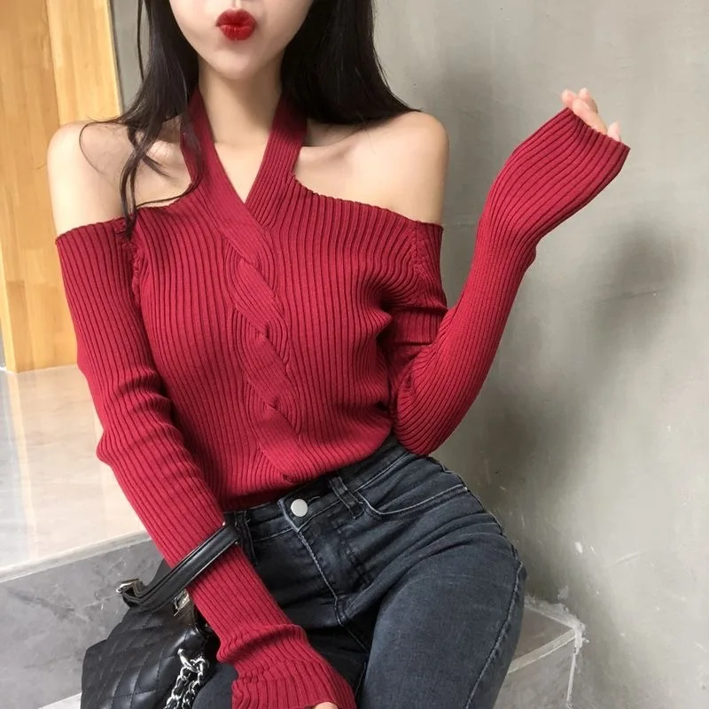 Female knitted Women's Casual Off Shoulder V-neck Blouse Ladies Summer Sexuality long Sleeve halter Crop Tops Short Shirt
