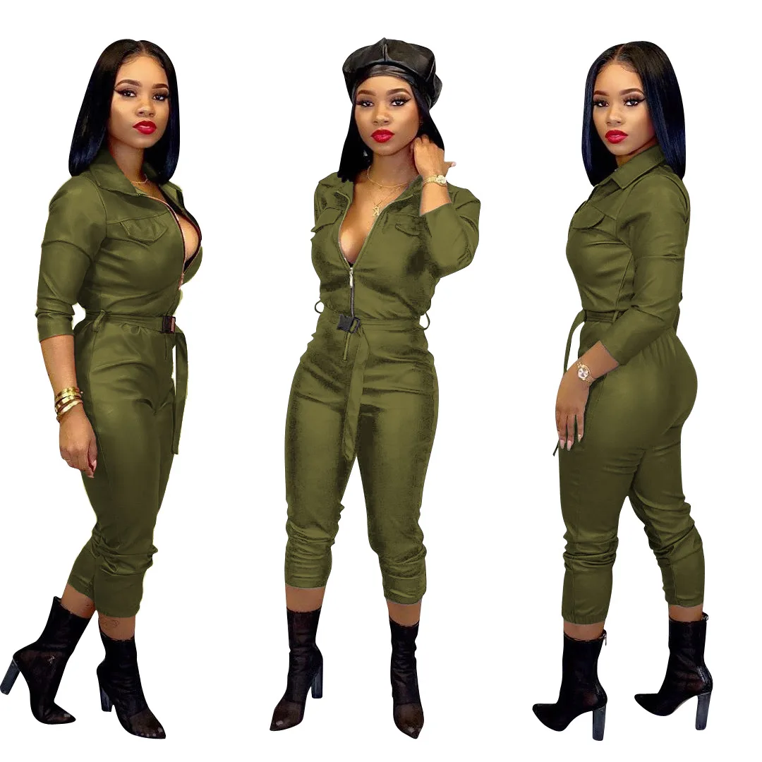 Real Pictures High Quality Leathers Women Jumpsuits Autumn Newest Long Sleeves V Neck Belt Fashion Lady Party Rompers Pants