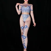 Яркие стразы, синий узор, комбинезон, тянущиеся леггинсы для ночного клуба, певица, танцовщица, одежда для шоу, женские вечерние, сексуальные боди