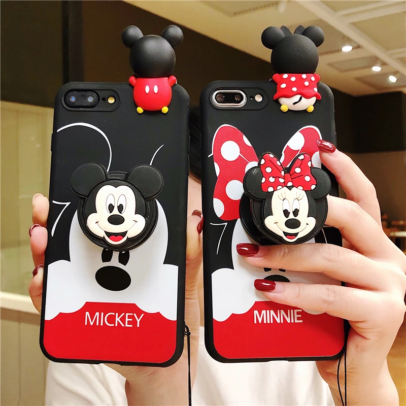 

Soft Silicone Cases For iphone 11 Pro Max XR Xs Max X 6 6s 7 8 Plus Cartoon Minnie Mickey Phone Holder Stand Wrist Strap Cover