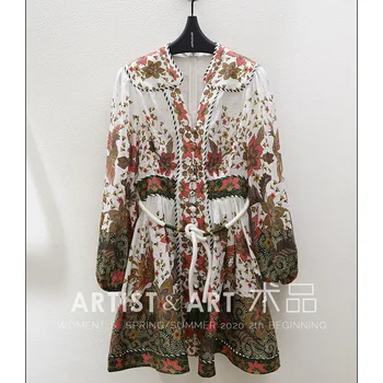 

Svoryxiu 2020 Autumn Runway High-End Linen Dress Women's Fashion Single-Breasted Lantern Sleeve Print Vintage Dresses