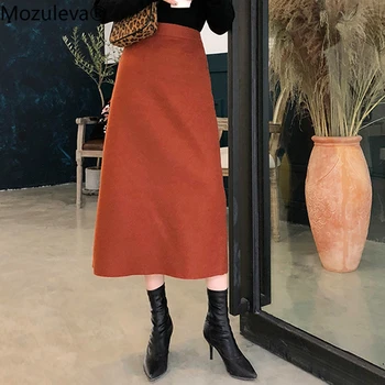

Mozuleva Spring Soft Warm Ladies Wool Skirts Vintage Elastic Waist Behind Split Midi Female A-line Skirts Office Wear 2020