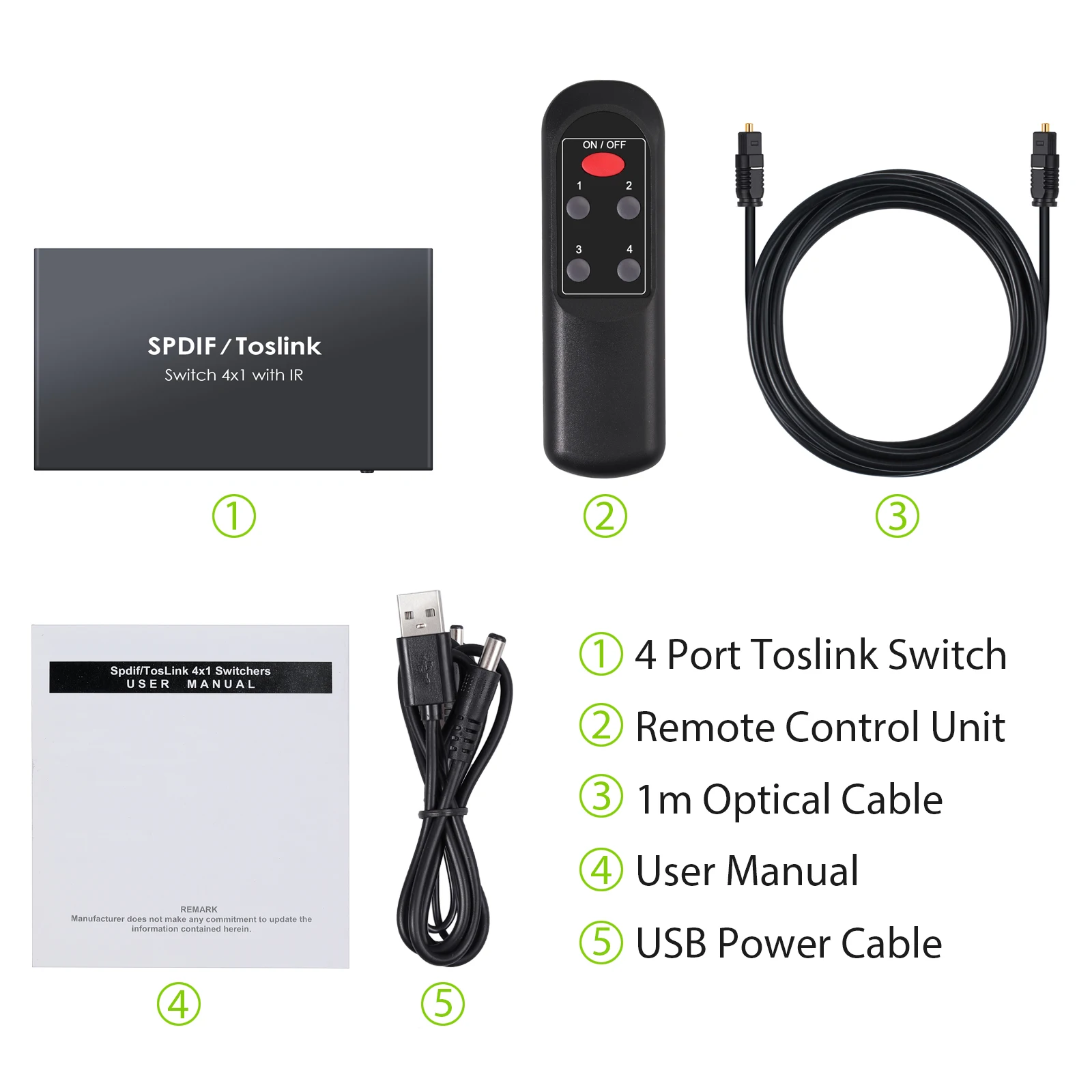 Portta Audio Switcher Switch 4 Port SPDIF Toslink Digital Optical 4x1 Umschalter mit IR-Fernbedienung Unterstützung LPCM DTS Dolby 