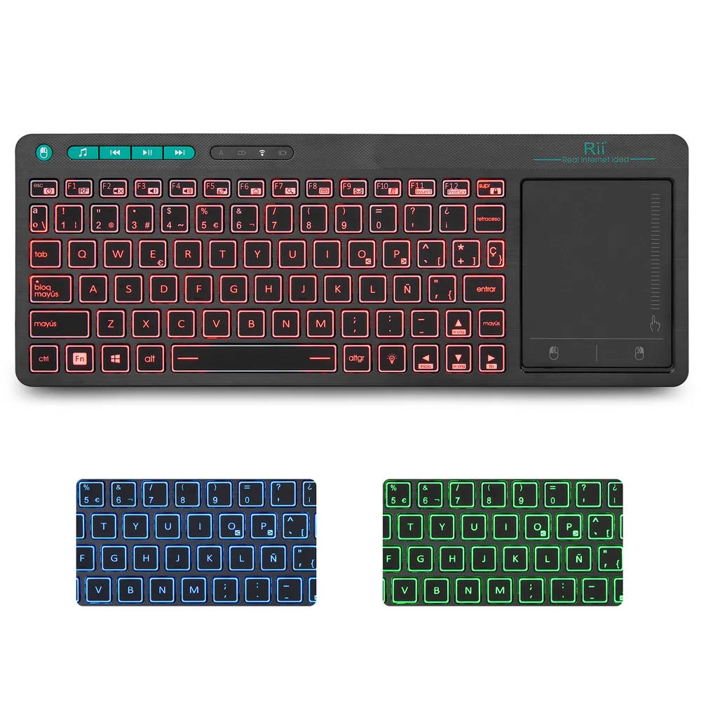  Spanish Keyboard Rii K18 Plus Wireless 3-LED Color Backlit Multimedia with Multi-Touch Big Size Tra
