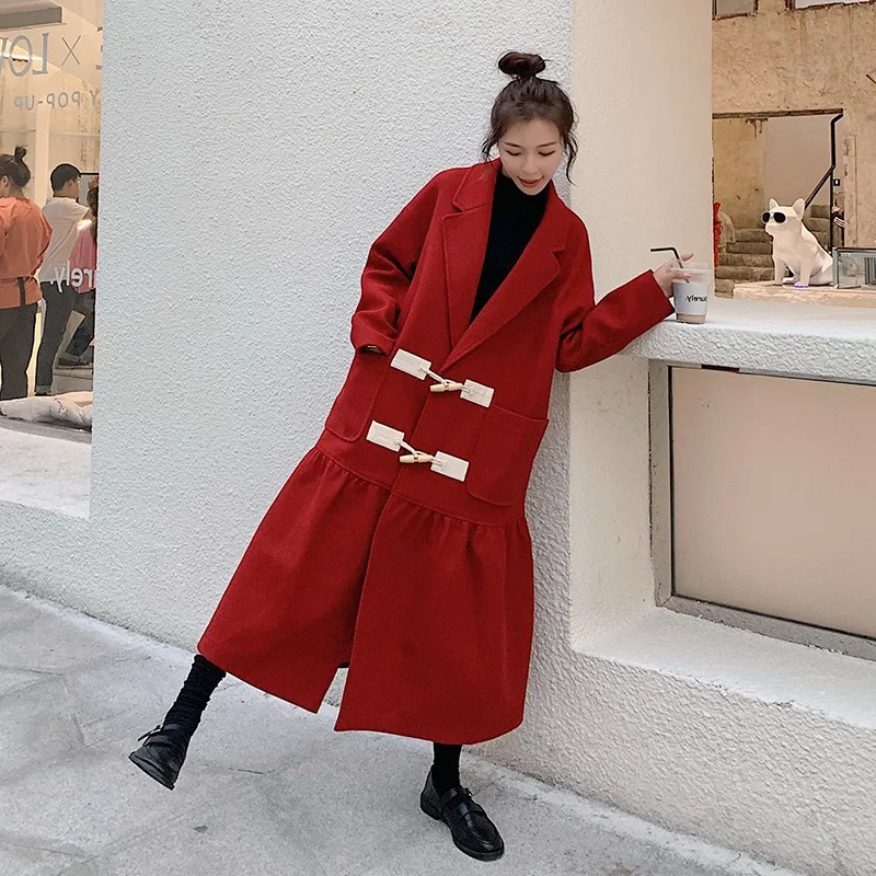 

Photo Shoot INS Sweet College Style Mid-length Suit Collar Toggle Flounced Hem Woolen Cloth Coat Women's