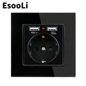 

EsooLi Black USB Wall Socket EU Power Outlet White Crystal Glass Panel Dual USB Charging Port 2.1A 16A Russia Spain