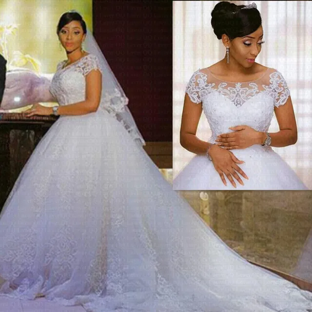 Vestido de noiva vintage lace appliques ball gown african wedding dresses short sleeves robe de