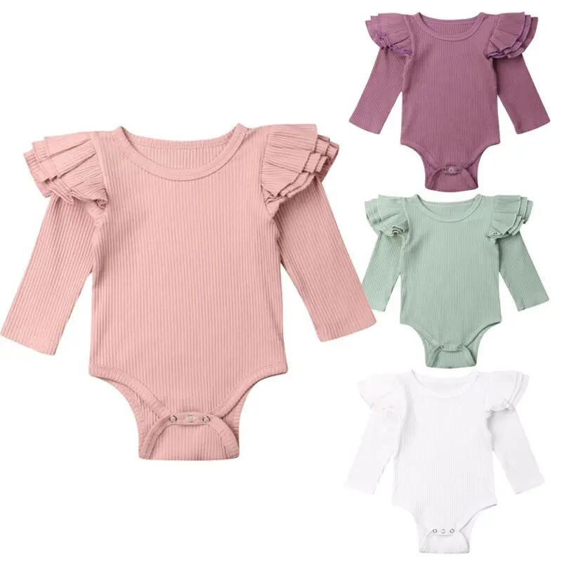 0 24M Newborn Baby Girl Bodysuits Long Sleeve Ruffle Solid Bodysuit