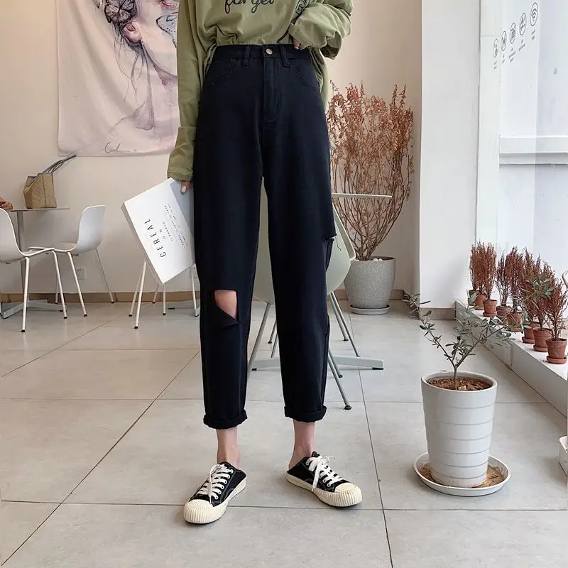 Jeans Women High Waist Black Solid Causal Slim Trousers Womens Korean Fashion Streetwear Ankle-length Vintage Washed Hole Chic