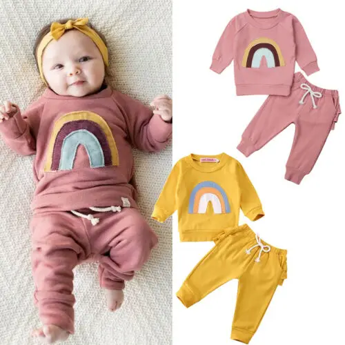 Rainbow Strip Set Baby Girl Clothes Autumn Newborn Long Sleeve Tops Ruffle Leggings Pants Warm | Детская одежда и обувь