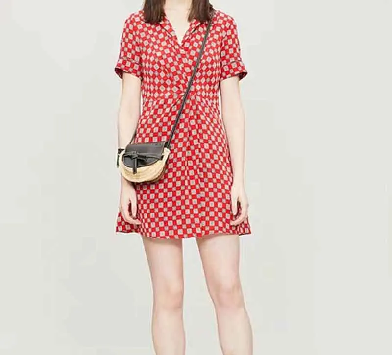 

Women Dress 2019 Spring and Summer Colorblock Short Sleeve Print Plaid Shirt Collar Slim Short Dress