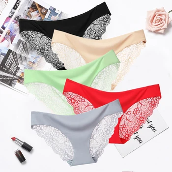 

Women Lace Panties Seamless Briefs Ice Silk Underwear Sexy Thong Ultra-thin Lingerie Transparent Underpants String Pants #F