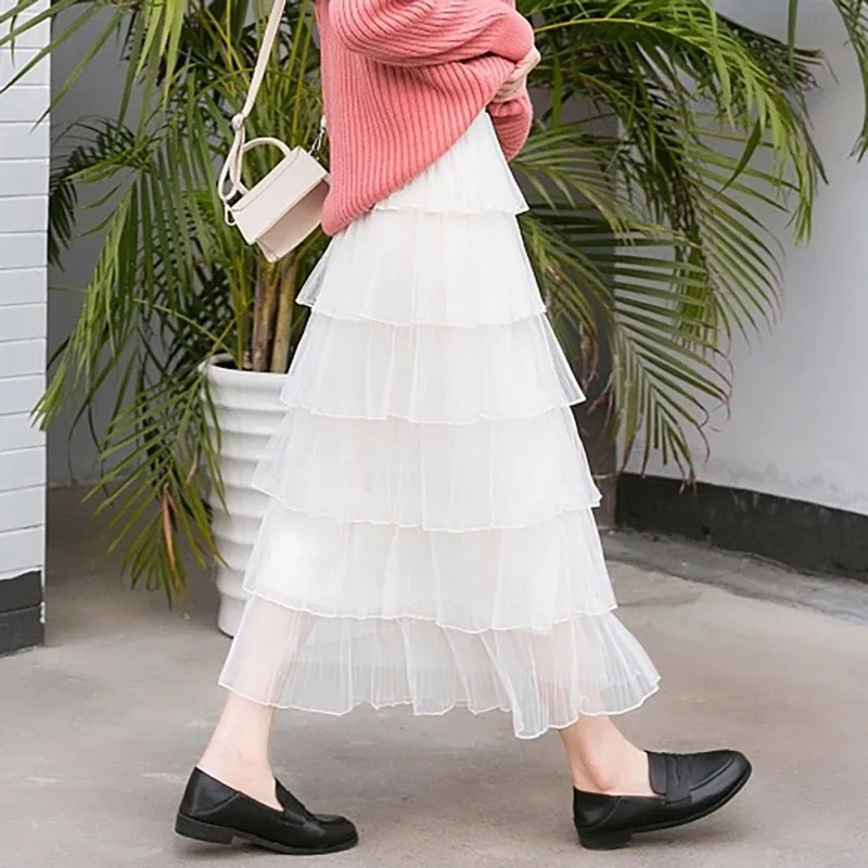 

Summer Long Mesh Skirts Women High Waist Ruffled Vintage Skirt Princess Tulle Pleated Skirts x