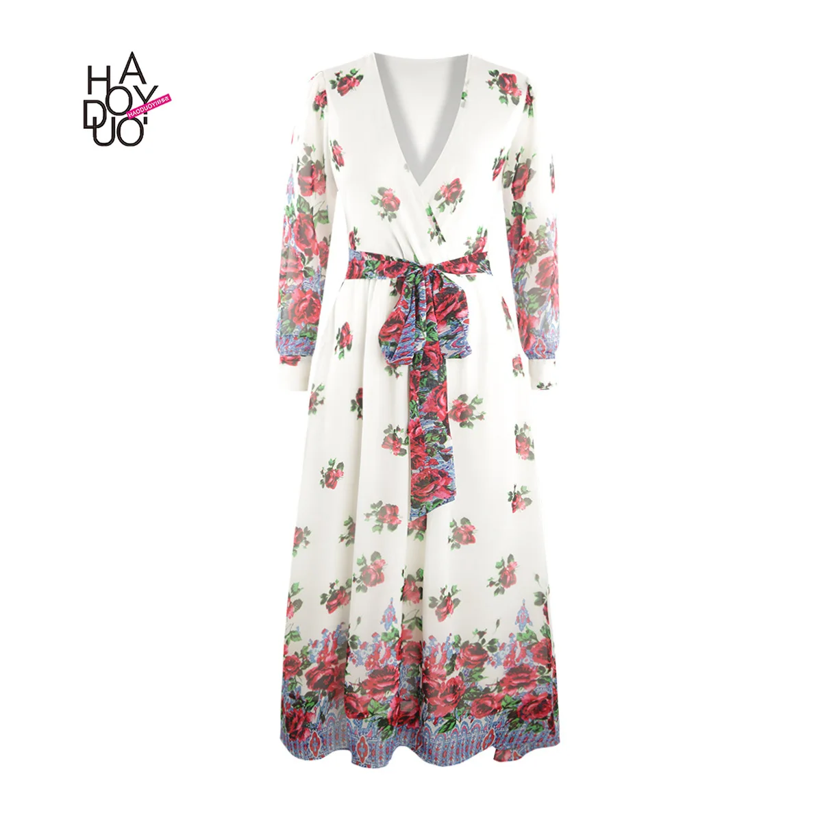 

Hot Sales Haoduoyi Europe And America Fashion Sexy V-neck Floral Print High-waisted Dress