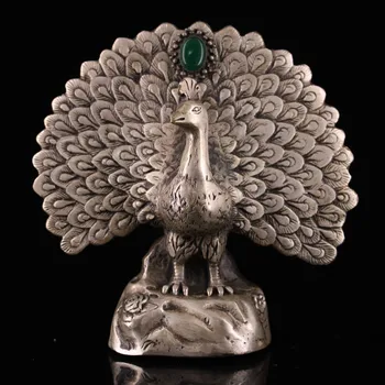 

Home Decor 5" Tibet Buddhism Temple bronze plating silver mosaic gem Peacocks Open screen Peacocks statue Lucky