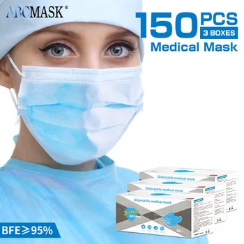 

150pcs 3-Layer Disposable Medical Masks Non-woven Adult Anti Dust Surgical Mask Dustproof Protection Mask Blue Medical Face Mask