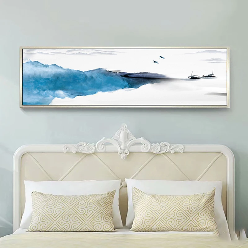 

Yuke Art Chinese Style Watercolor Blue Mountain Flying Birds Canvas Painting Landscape Posters Print Wall Decor For Living Room