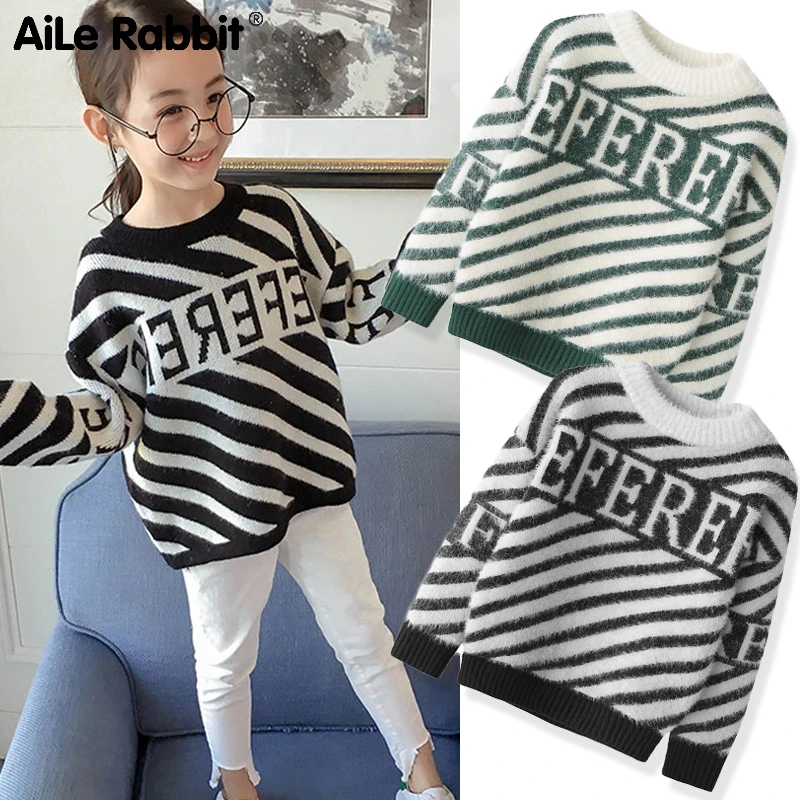 2019 Spring Winter Warm Water Velvet Knit Top New Children's Sweater Boys And Girls Fashion Long-sleeved Letter Striped Shirt | Мать и