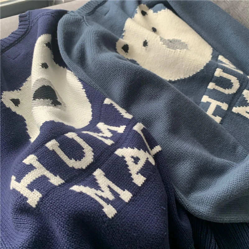 Human Made Sweater Men Women 1:1 Best Quality Cartoon Polar Bear Pattern Knit Sweatshirts Human Made Crewneck cardigan male