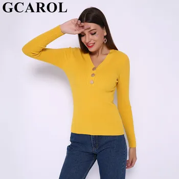 

GCAROL New Women V Neck Buttons Yarn Sweater Stretch Sexy OL Jumper Streetwear Bright Color Knitted Pullover Tops In 8 Colors