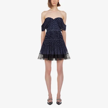 

Summer Self Portrait Designer Dress Woman 2019 Sexy Strapless Draped Mini Dress Navy Blue Polka Dot Lace Chiffon Patchwork Dress