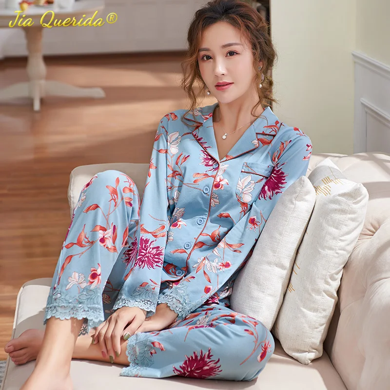 

Luxury Ladies Pajamas 2020 New Long Sleeve Viscose Modal Sleepwear Plus Size 3xl Floral Printing Skin Friendly Lace Cuff Pajamas