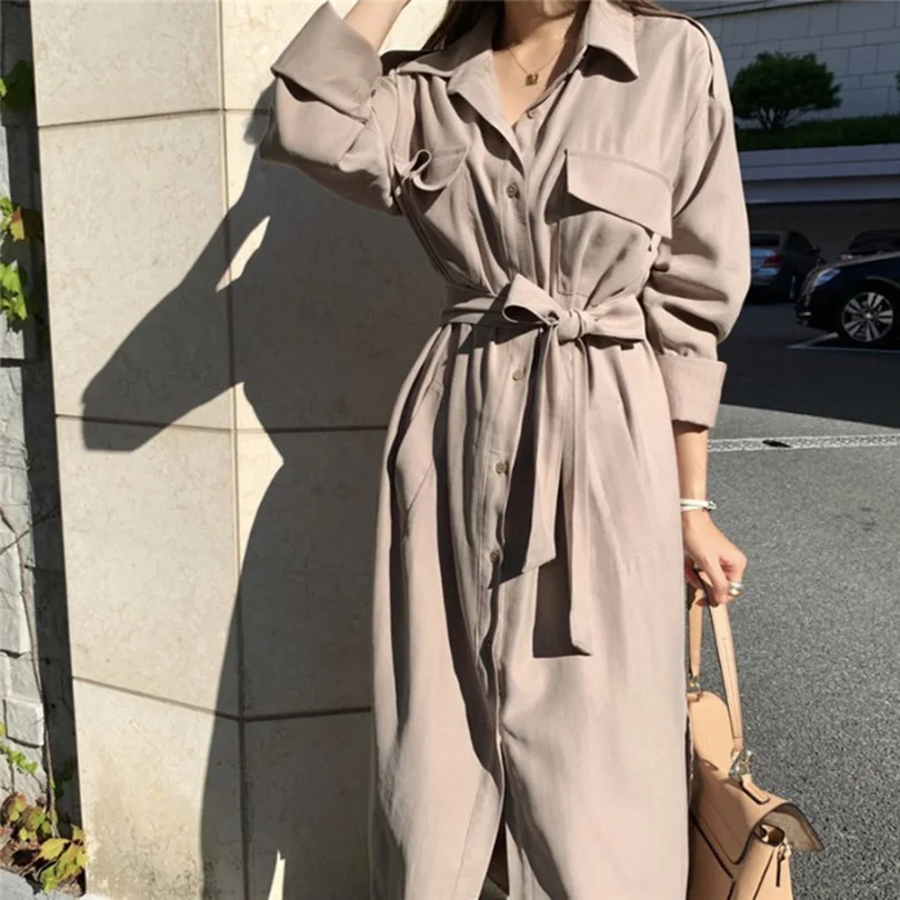 

TYHRU Autumn Women's Solid Color Lapel Long Sleeve High Waist Single Breasted Shirt Dress