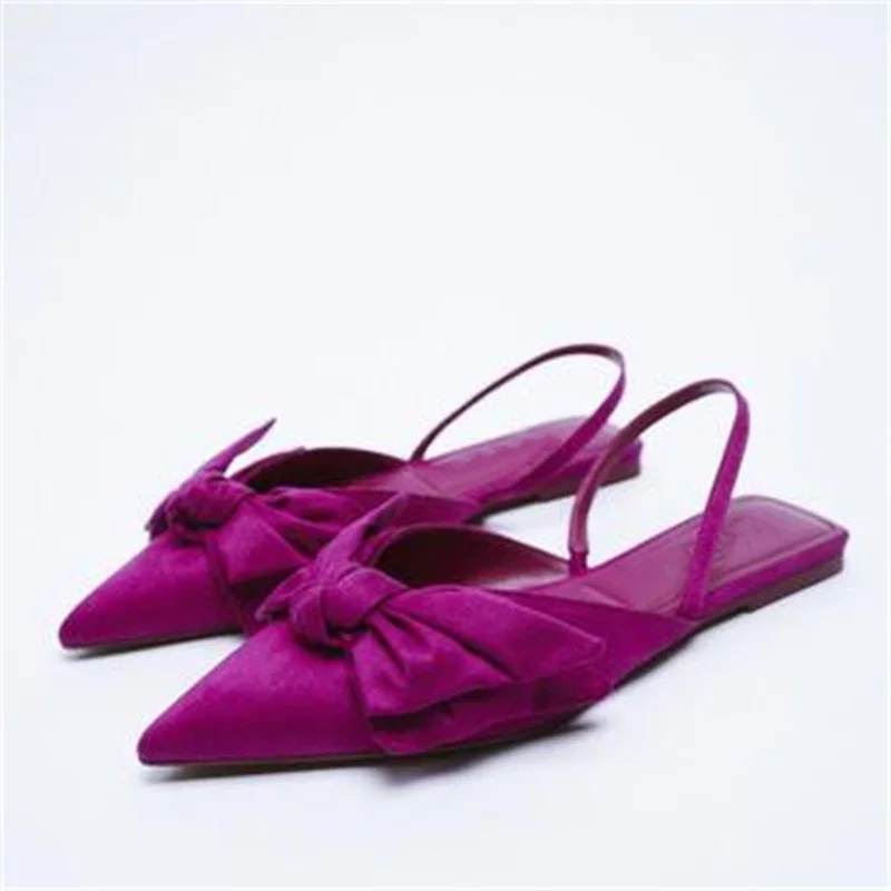 2022 TRAF Woman Sweet Bow Flat Mules Spring Purple Chic Faux Suede Low-heeled Shoes Casual Pointed Slingback Female Single Shoes