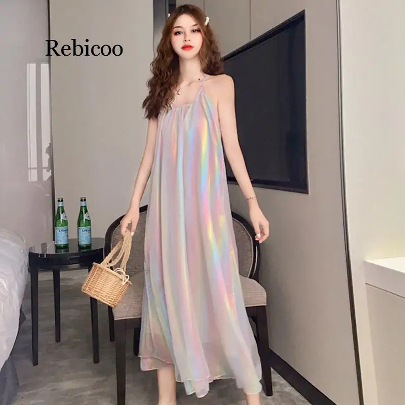 

Girls Lolita Cute Kawayi Sweet Rainbow Long Chiffon Dress Sparkling Bling Bling Dress