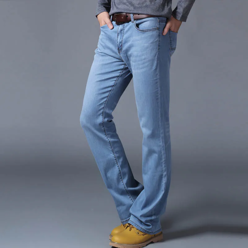Light blue Джинсы мужские летние мужские новые мужские джинсовые брюки Тонкий стрейч корейский Tide джинсовые микро расклешенные брюки больше размеров 28-34 - Цвет: Light blue
