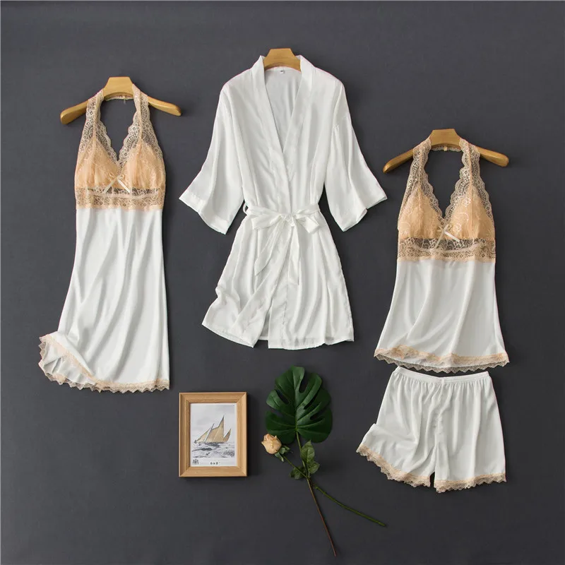 Pijamas de Seda Sexy com Rendas e Shorts Roupa de Dormir Roupa de Casa Daeyard Femininas Contraste Peças Robe Conjunto Cor 4