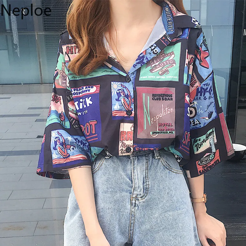 

Neploe Hip Hop Style Print Women Tops Casual Turn-Down Collar Half Sleeve Blouse Summer Loose High Street Ladies Shirts 43893