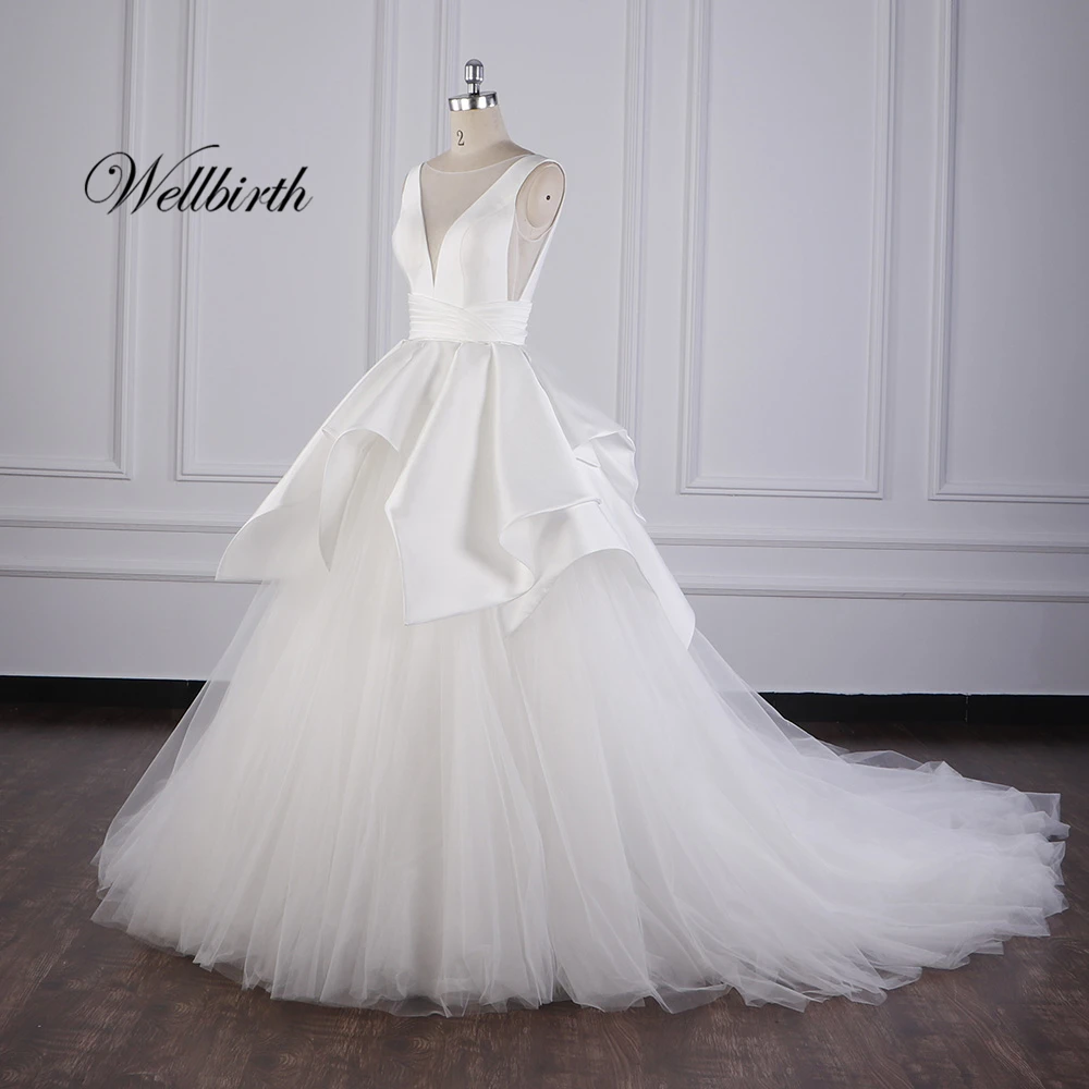 Реальное изображение Wellbirth Vestido de novia Тюлевое кружевное бальное платье свадебное платье с коротким рукавом и v-образным вырезом Свадебное платье JS001