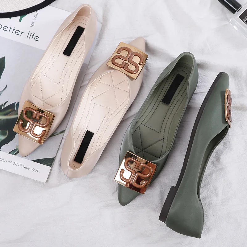 

2019 New Style Korean-style Shoes Shallow Mouth Pointed Metal Square Buckle Flat Fashion Shoes WOMEN'S Casual Shoes