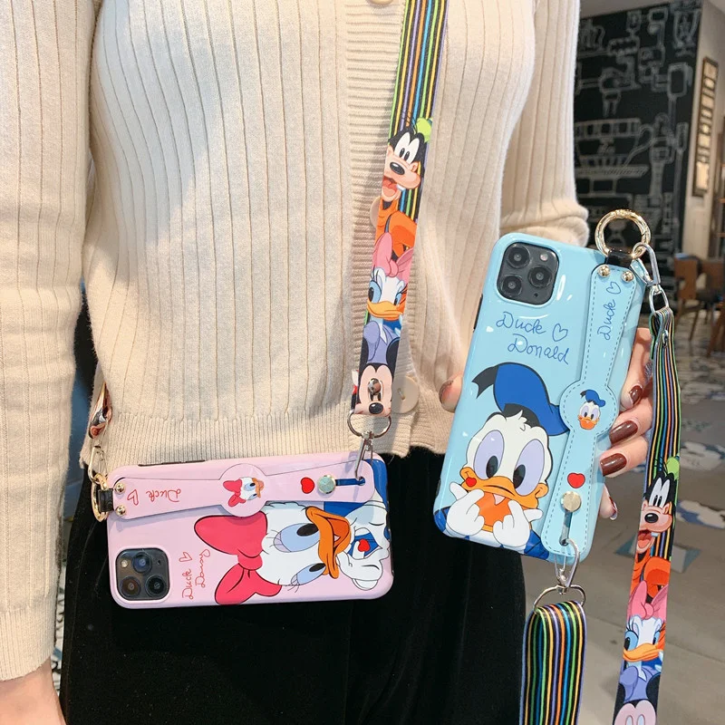 Disney Cartoon Mickey Minnie Mouse Daisy Donald Duck Wrist Strap Lanyard Phone Case For IPhone 12 Pro Max 11 7 8 Plus X XR SE XS