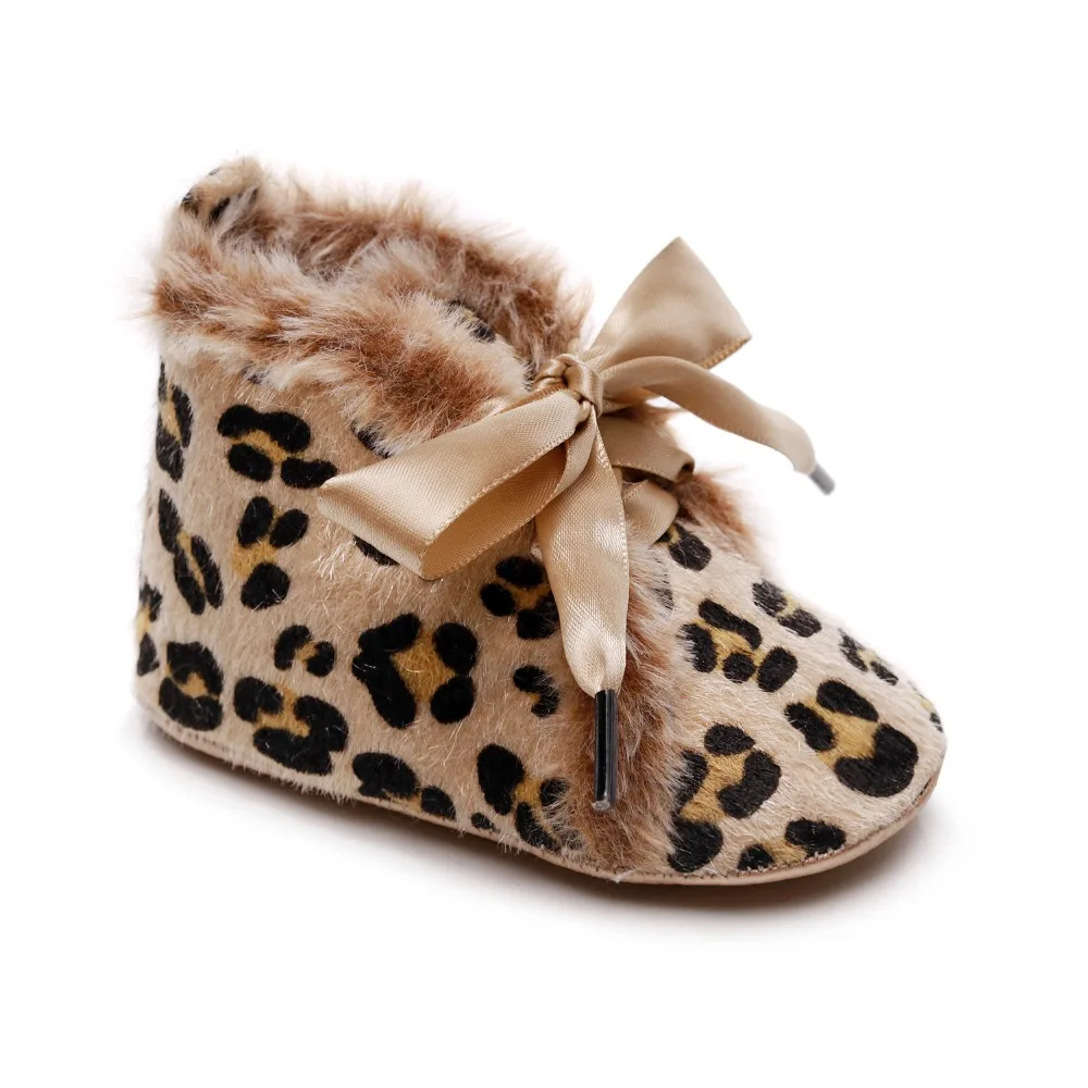Зимние меховые ботинки для новорожденных мальчиков и девочек; Теплая обувь; повседневная обувь с леопардовым принтом; обувь для первых шагов; мягкая подошва