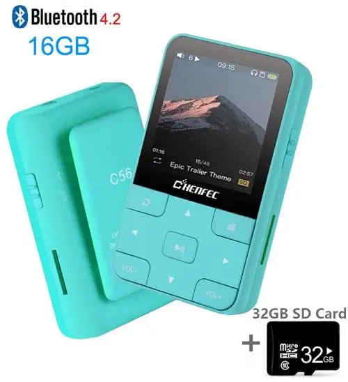 C56-16GB-Green-SD32G 16 Гб мини-клип MP3-плеер Bluetooth 4,1 без потерь HiFi звук MP3 музыкальный палер с fm-радио, диктофон, видео для бега - Цвет: C56-16GB-Green-SD32G