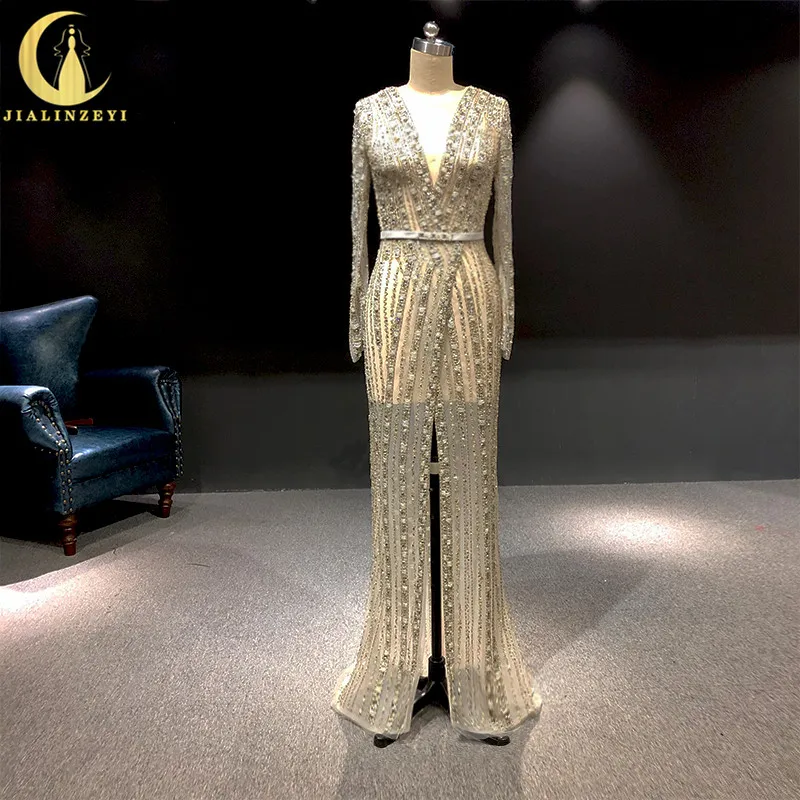 Рейн реальные фотографии мода Elie Saab одежда с длинным рукавом Полный бусины Кристалл V образным вырезом Русалка платье вечерние платья