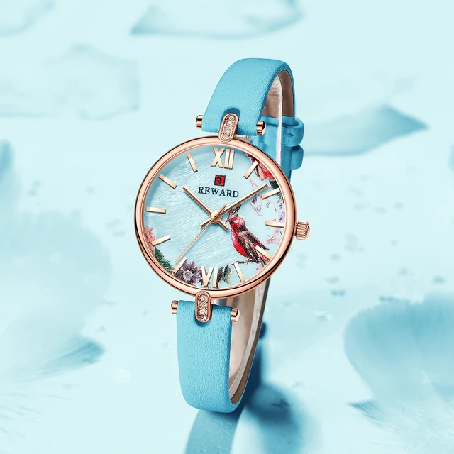 New Reward Casual Vintage Women Wristwatches Japanese Quartz Watch Cheap Ultra Thin Timepiece Leather Wrist Watches for Females Rose Blue