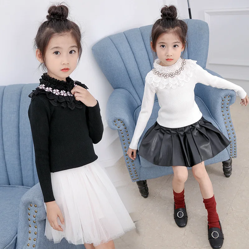 

Girls plus Velvet Sweater 2018 New Style GIRL'S Thick Base Shirt Middle And Large Small CHILDREN'S Korean-style Lace Base Shirt
