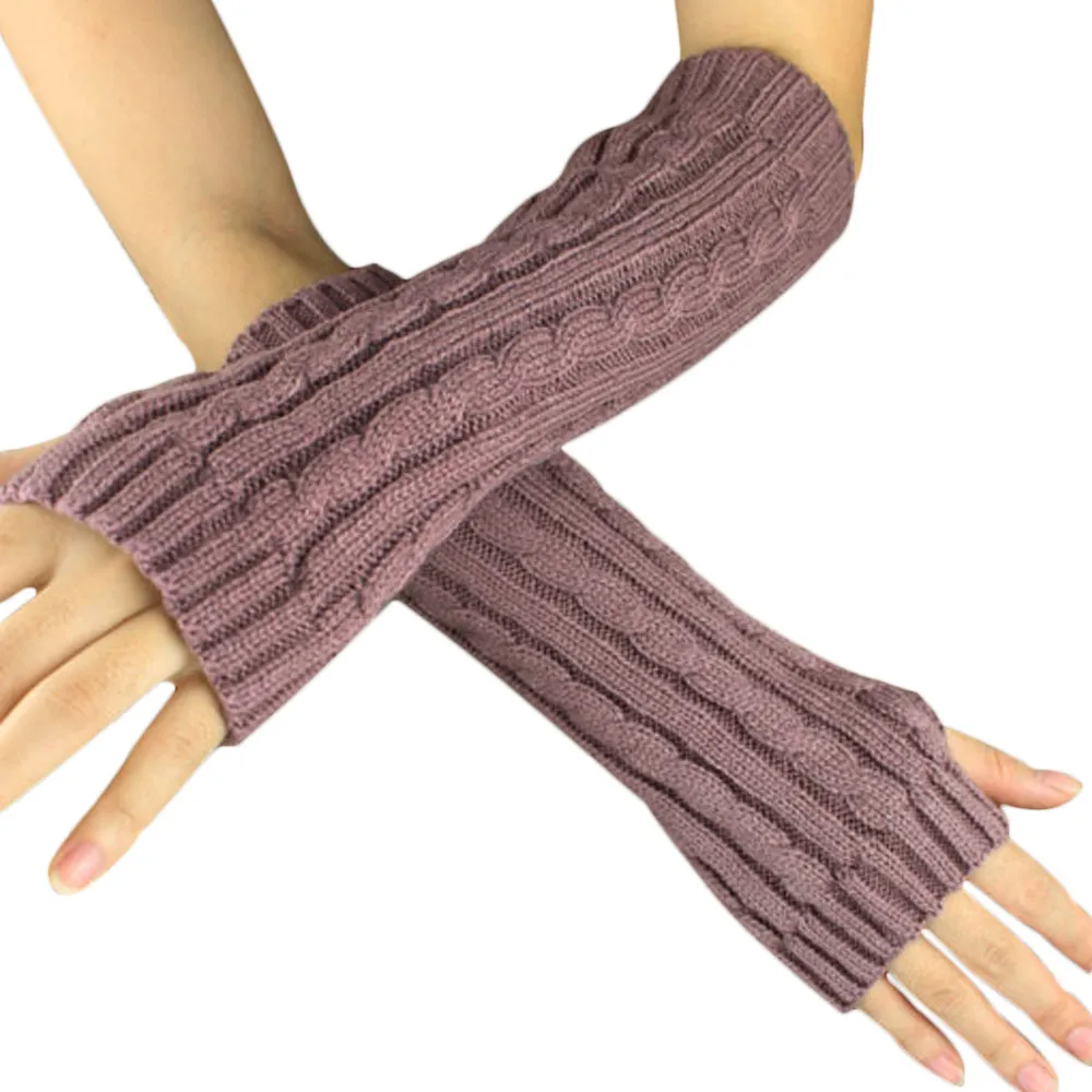 Женские перчатки без пальцев, вязаные шерстяные одноцветные зимние перчатки с длинными рукавами, вязаные зимние теплые варежки с цветочным рисунком